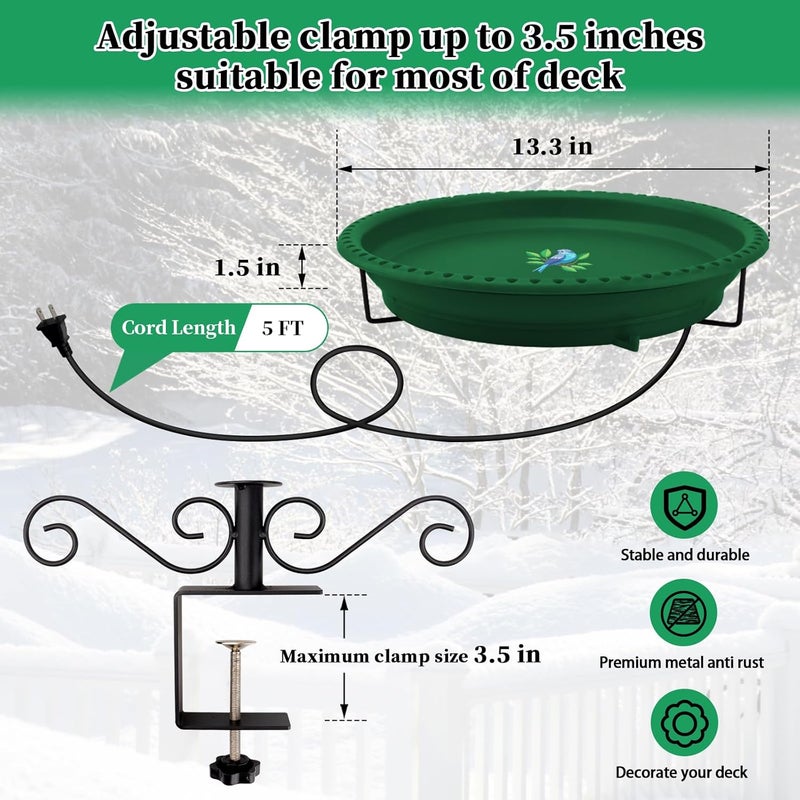 Lovppy Heated Bird Bath for Deck Railing, 100W Thermostatically Controlled Heated Bird Baths for Outdoors Bird Bath Heater, Heated Birdbath for Outside Winter Garden Patio Yard(Green) - Image 5